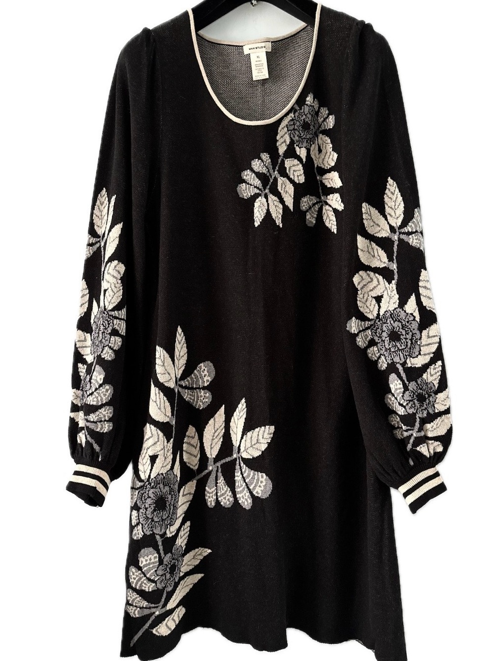 Max Studio Black Knit Long-Sleeve Dress with White Floral Motif